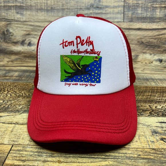 Tom Petty Mens Trucker Hat Red Snapback Dogs With Wings Tour 1995 Rock Ball Cap - Picture 2 of 8